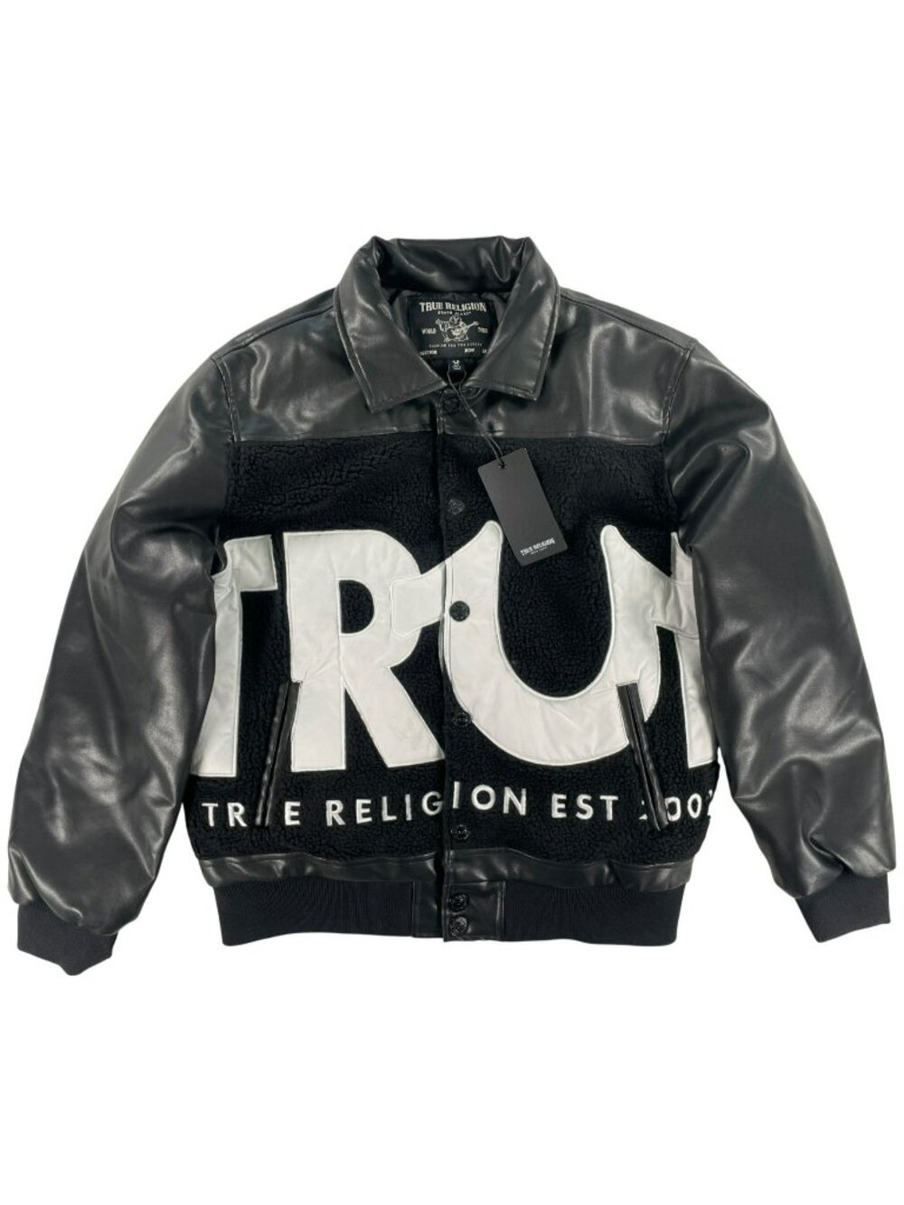 True Religion Jacket PU Sherpa Bomber With Distressed Detailing Men's Size S NEW